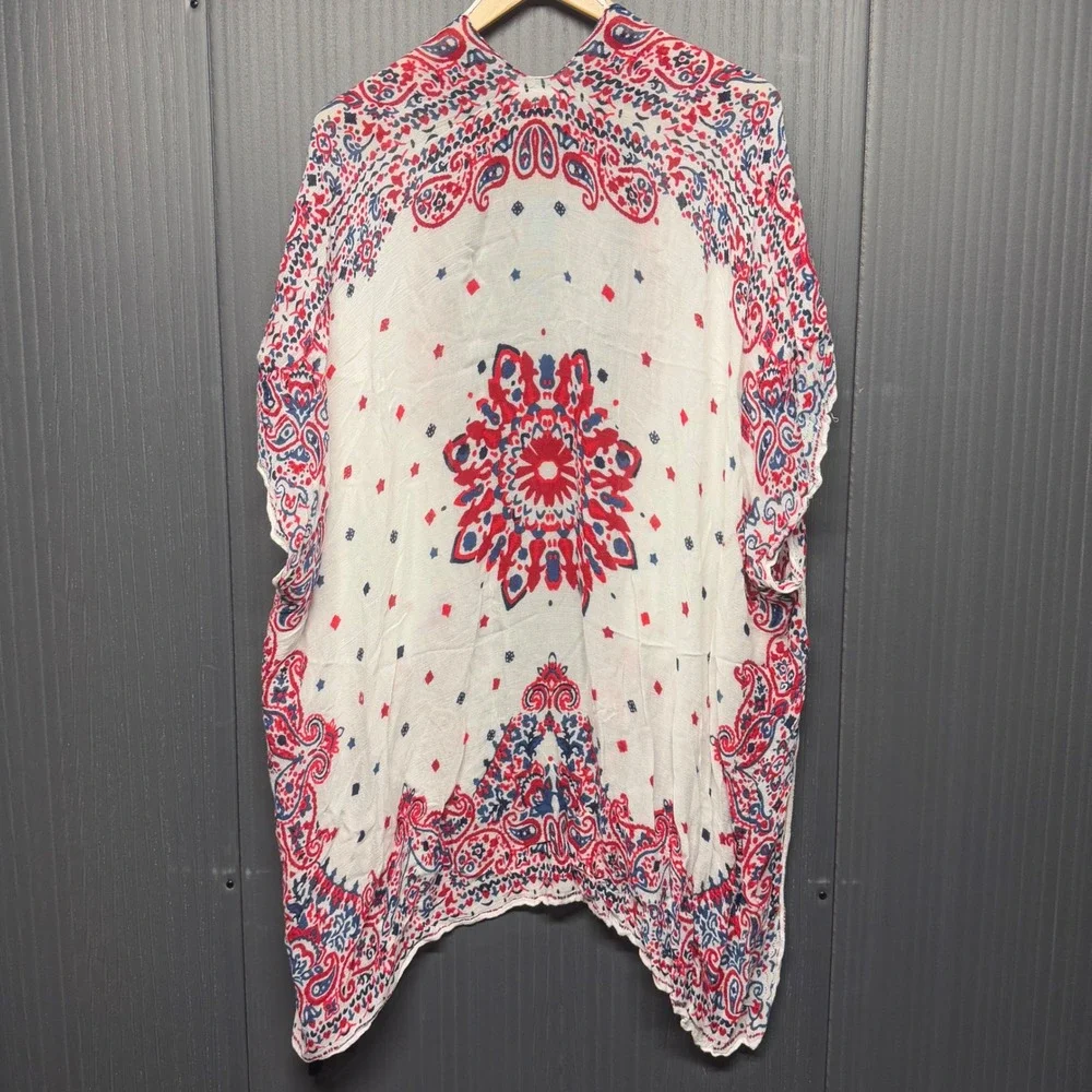 Quagga Kimono Wrap Red White Blue Paisley Bandana Print Tassel Cover Up OS